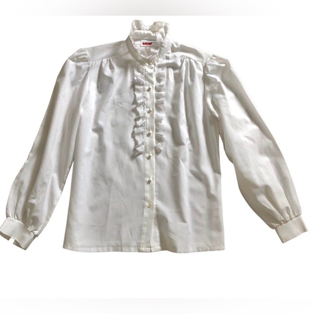 Vintage Judy Bond Women’s Ruffle Neck Button Down Blouse, White Size Medium